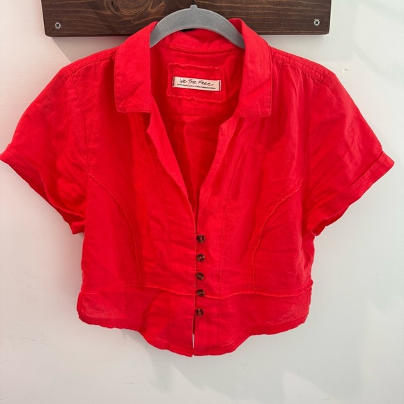 We the Free Anabelle Cropped Linen Blend Button Front Top XS Coral - Picture 1 of 6
